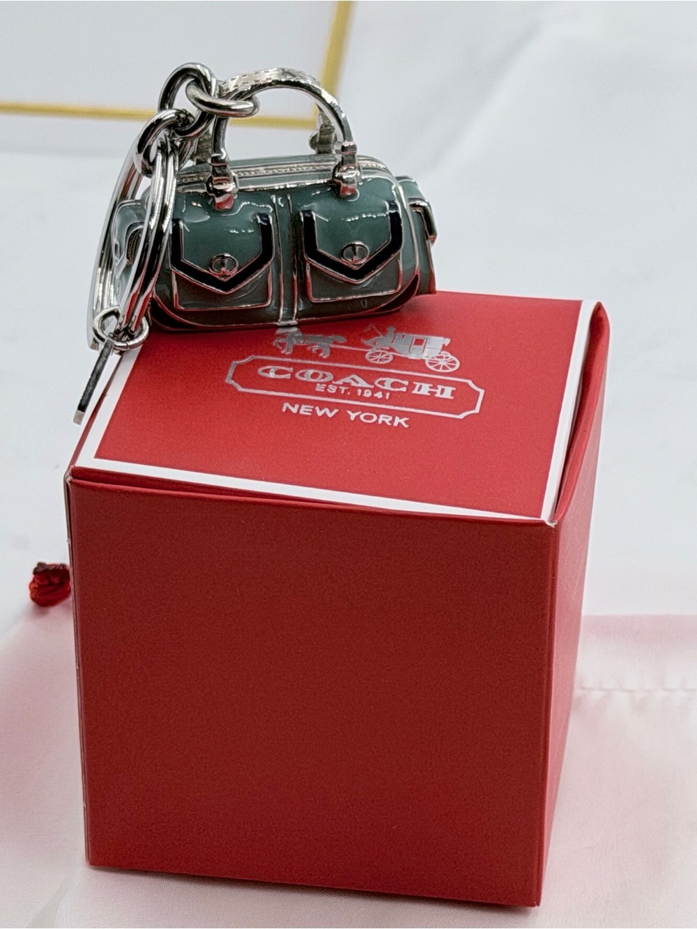 RARE Vintage Coach 3D Enamel Pocket Satchel Bag Charm - Teal/Navy NWOT